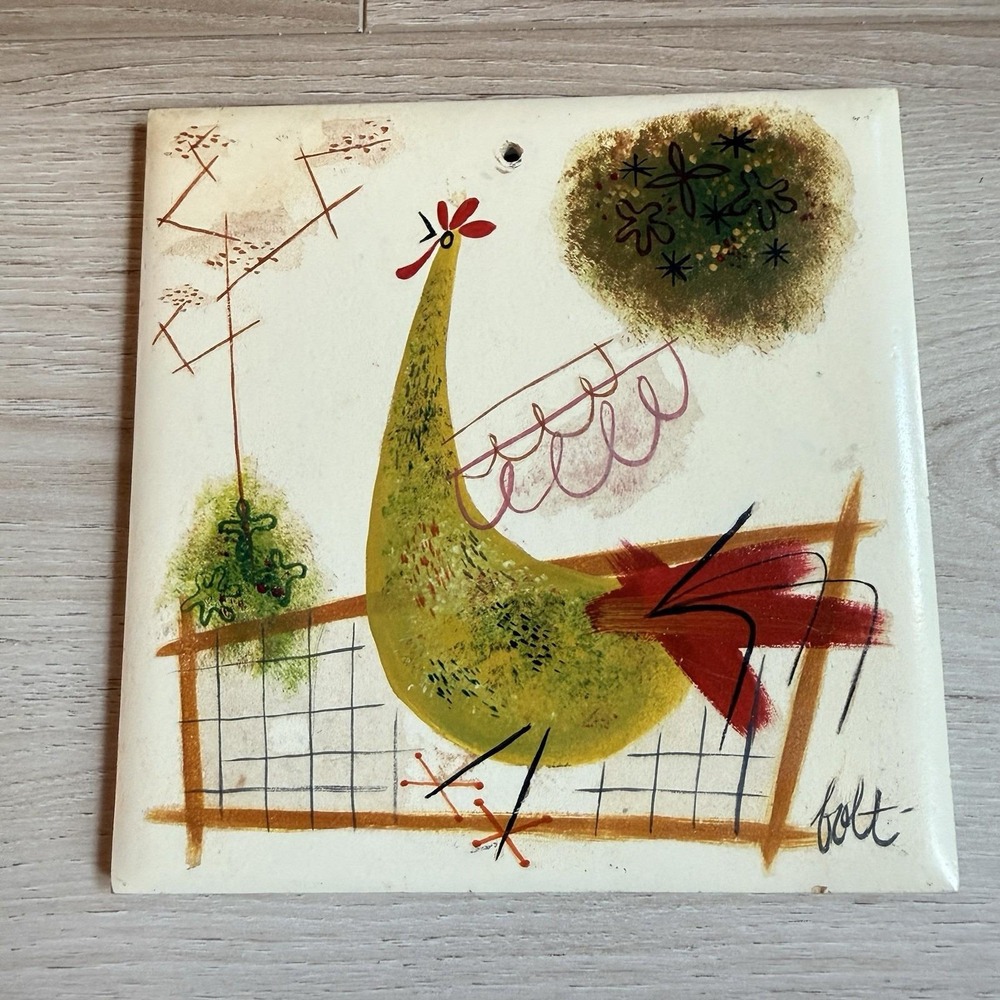 Hand Painted Decorative Tile MCM Folk Art Rooster Atomic Vintage Signed 6x6